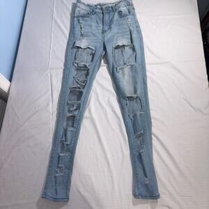 Blue Topic Skinny Jeans Womens 3/4 Light Wash Distressed Ripped Stretch